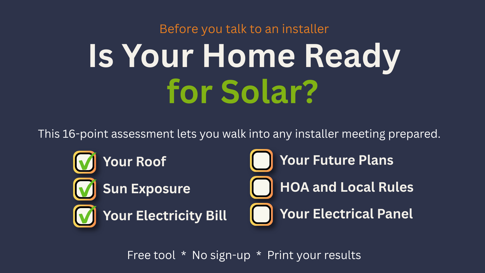 Infographic showing 6 areas to check before going solar: roof, sun exposure, electricity bill, future plans, HOA rules, and electrical panel